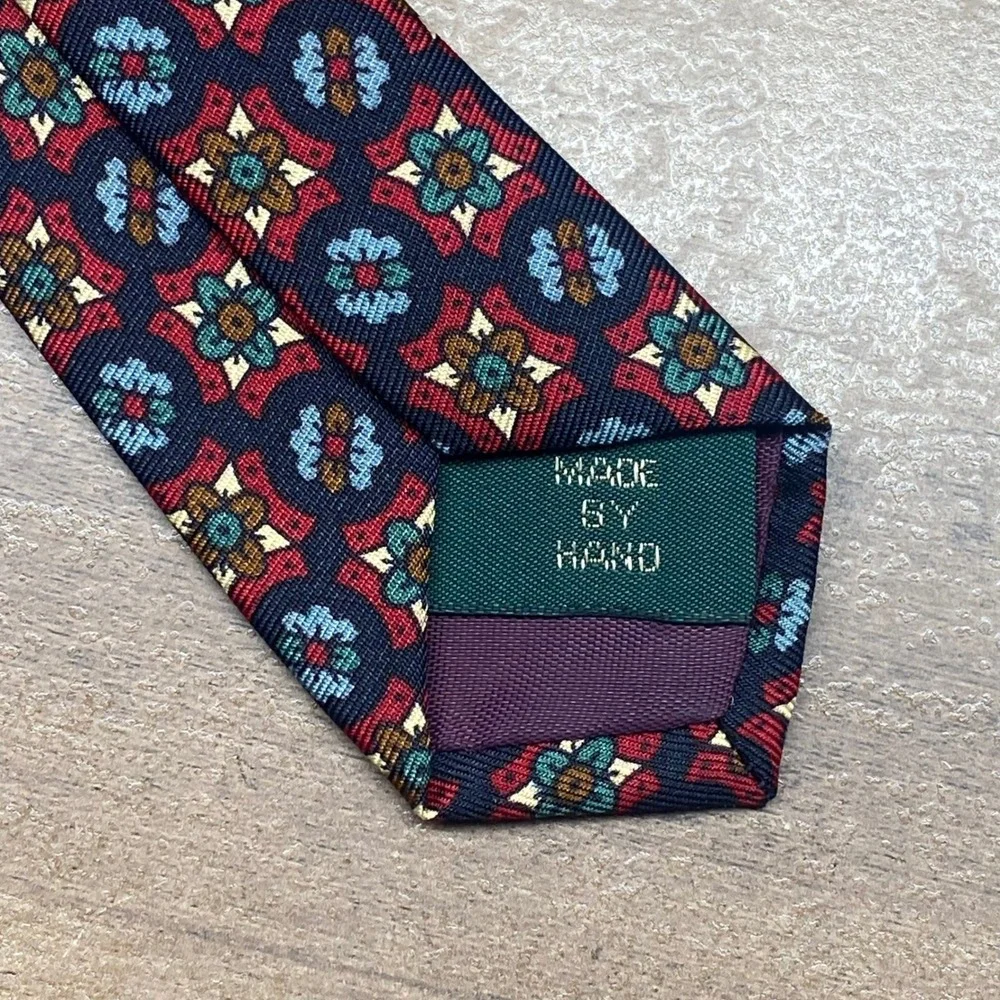 Vintage J. Crew Silk Tie Medallion Mens Blue Red Oarsma Geometric USA Academia
